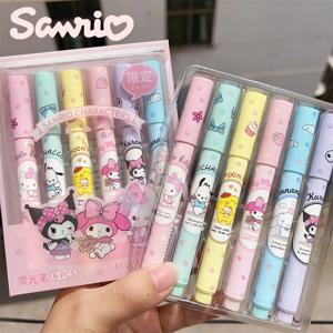 6PCS 형광펜 세트 쿠로미 마이 멜로디 시나모롤 헬로 키티 카와이 형광 마커 학교 사무실 선물용