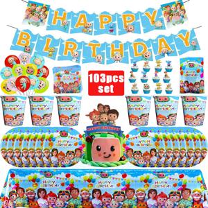코코멜론 만화 캐릭터가 그려진 생일 파티 장식 세트: 수박, 남자아이, 풍선, 케이크 장식, 접시, 테이블 덮개, 아기 샤워 파티 용품