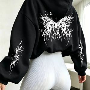 블랙 크로스 가시 나비 패턴 프린트, Y2K 레트로 스트리트 여성 가을/겨울 컬렉션 벨벳 긴팔 후디