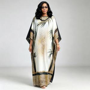 아프리카 여성 카프탄 드레스 화이트 레오파드 팜 프린트 루즈 스트레이트 아바야 퓨어 블랙 백 맥시 드레스 플러스 사이즈 무슬림 롱 로브