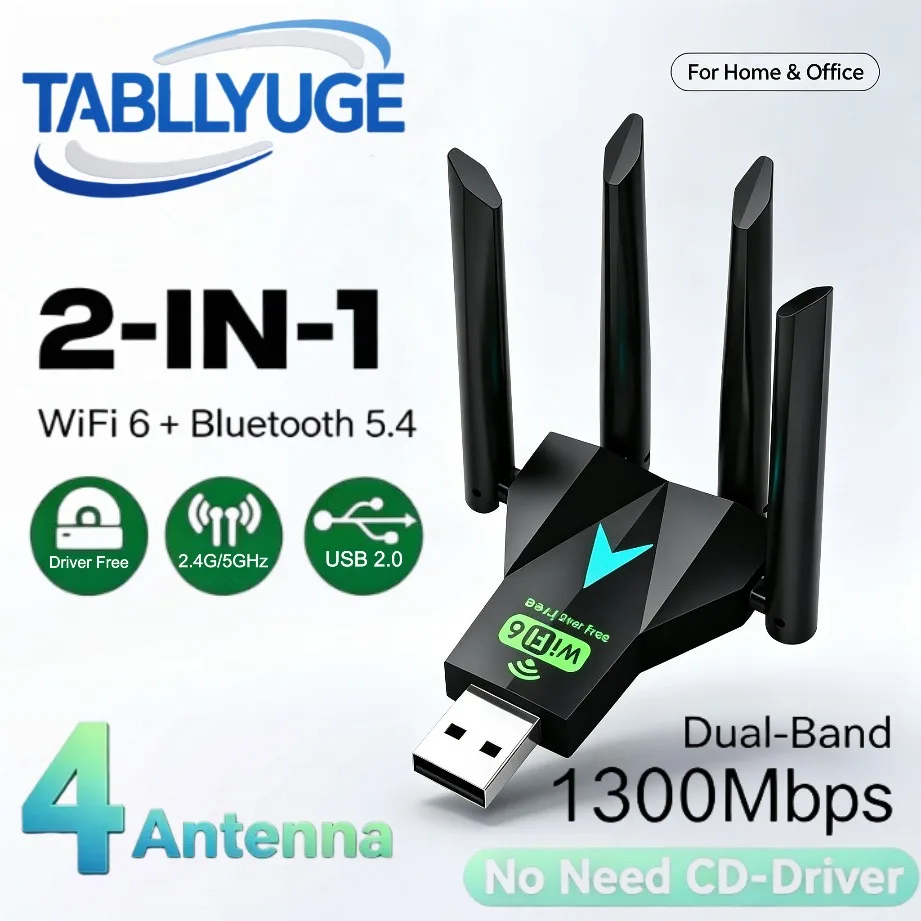 1300Mbps WiFi 블루투스 5.4 어댑터 USB 어댑터 2.4G/5GHZ 듀얼 밴드 4 안테나 무선 네트워크 카드 802.11AX PC 노트북용