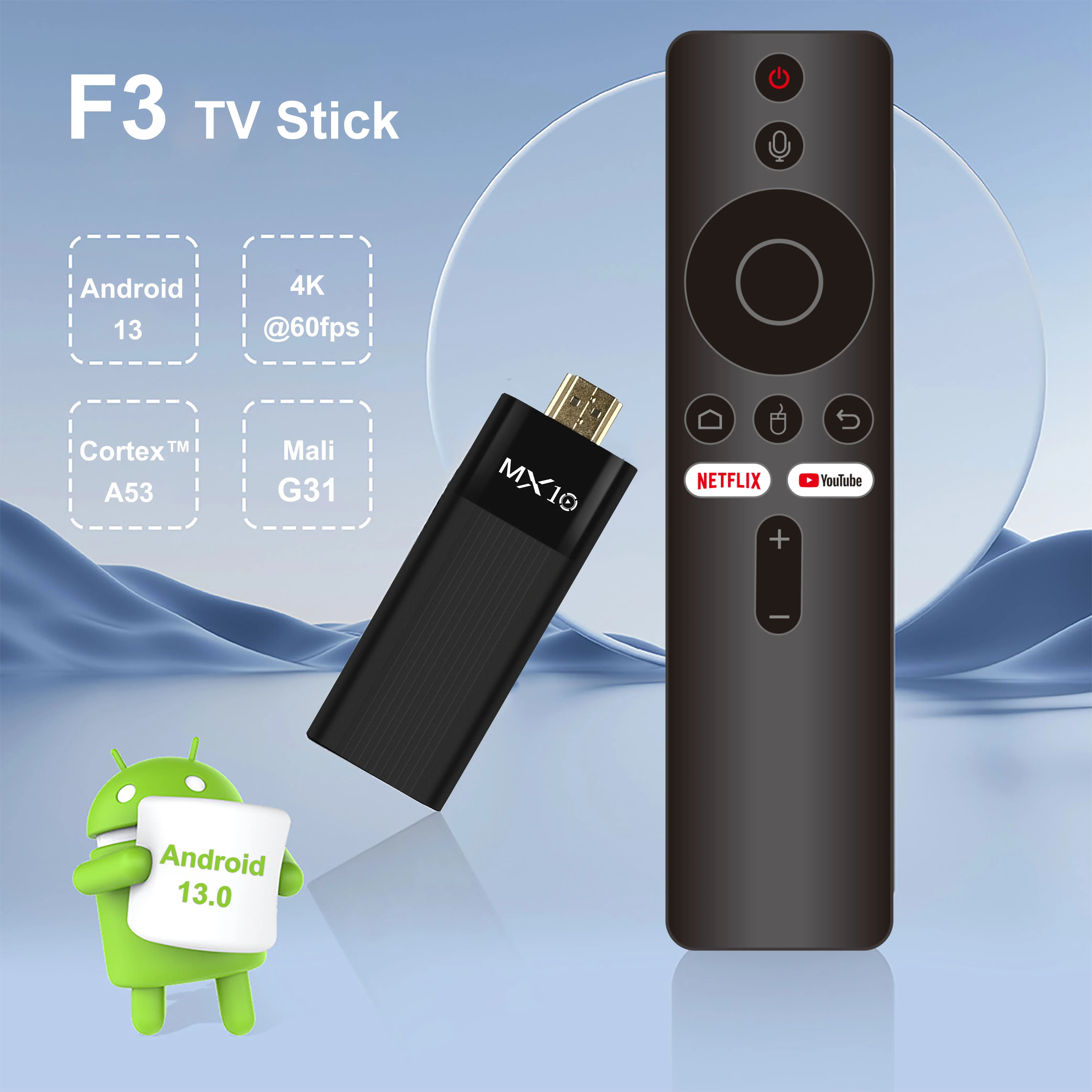 안드로이드 TV 박스 MX10 F3 TV 스틱 2GB 램 16GB 안드로이드 13 4K WiFi6 BT5.4 음성 리모컨 사운드 박스