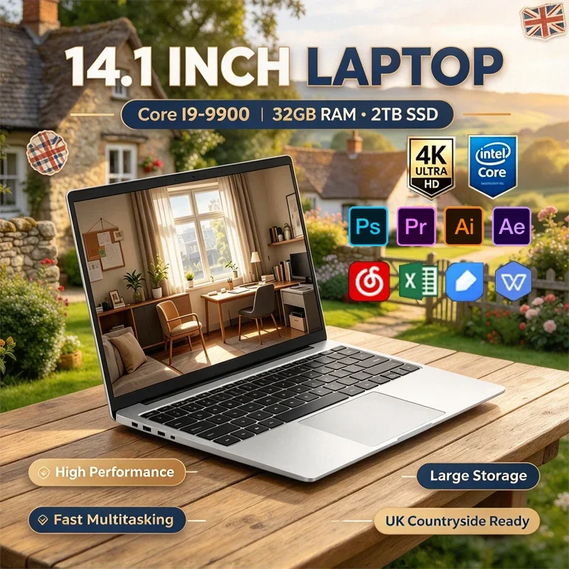 14.1인치 초슬림 노트북, 인텔 i9-9900 프로세서, 32GB DDR4 메모리, 2TB NVMe SSD, 4K HD 디스플레이, Wi-Fi 6, 블루투스 5.2, Windows 11 탑재. 게임, 사무 작업, 창작 디자인에 적합.