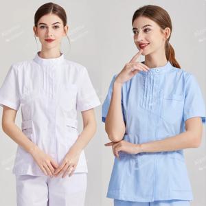 흰색 짧은 스크럽 탑 간호사 유니폼 실험실 코트 의사 유니폼 여성 아웃웨어 의료 의류 미용실 긴 소매 옷