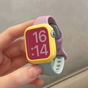 Apple Watch 시리즈 용 패션 컬러 블록 실리콘 밴드 8 7 6 5 4 3 SE 러블리 케이스 + iWatch 밴드 용 스트랩 42mm 38 40 41 45 44mm