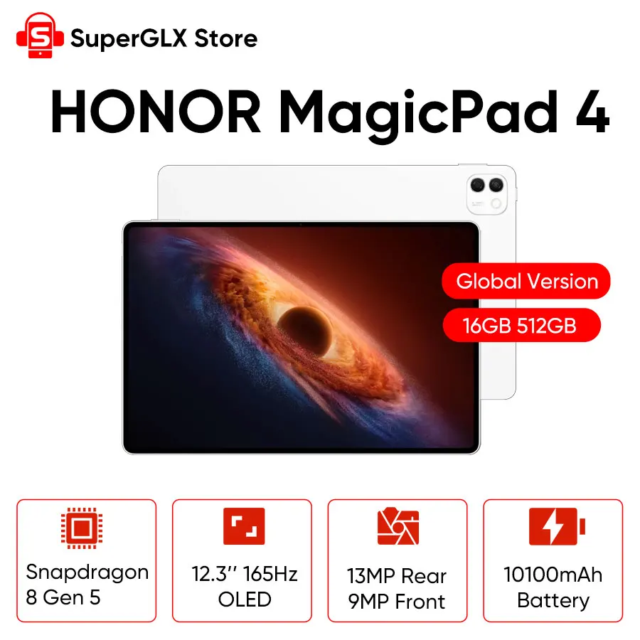 HONOR MagicPad 4 글로벌 버전, 12.3인치 3K 165Hz OLED 디스플레이, 스냅드래곤 8 Gen 5 프로세서, 10100mAh 배터리, 66W 고속 충전, 8개의 스피커, Wi-Fi 7, 안드로이드 태블릿 PC