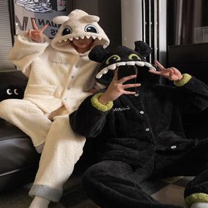 DAIMELU Toothless Boy 커플 잠옷 여성 가을 ​​잠옷 산호 양털 양털 두꺼운 후드 남성 겨울 잠옷 세트