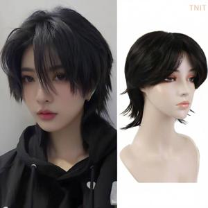 남녀공용 애니메이션용 멀렛 헤드 가발 코스프레, 합성 짧은 스트레이트 울프 테일 가발, 내열성 파티 가발, 앞머리 포함