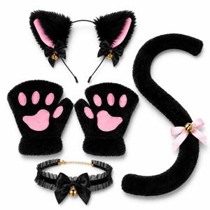할로윈 고양이 코스튬 액세서리 세트, 플러시 귀 머리띠, 발 장갑, 벨 초커 & 꼬리, 블랙/핑크 코스프레 파티 의상