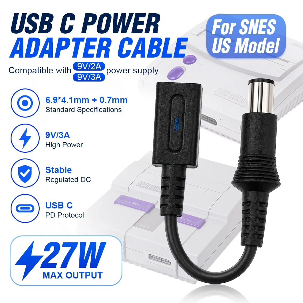 닌텐도 US SNES SNS-001, SNS-101 게임 콘솔용 10CM 블랙 USB-C-DC 9V 전원 어댑터 변환기