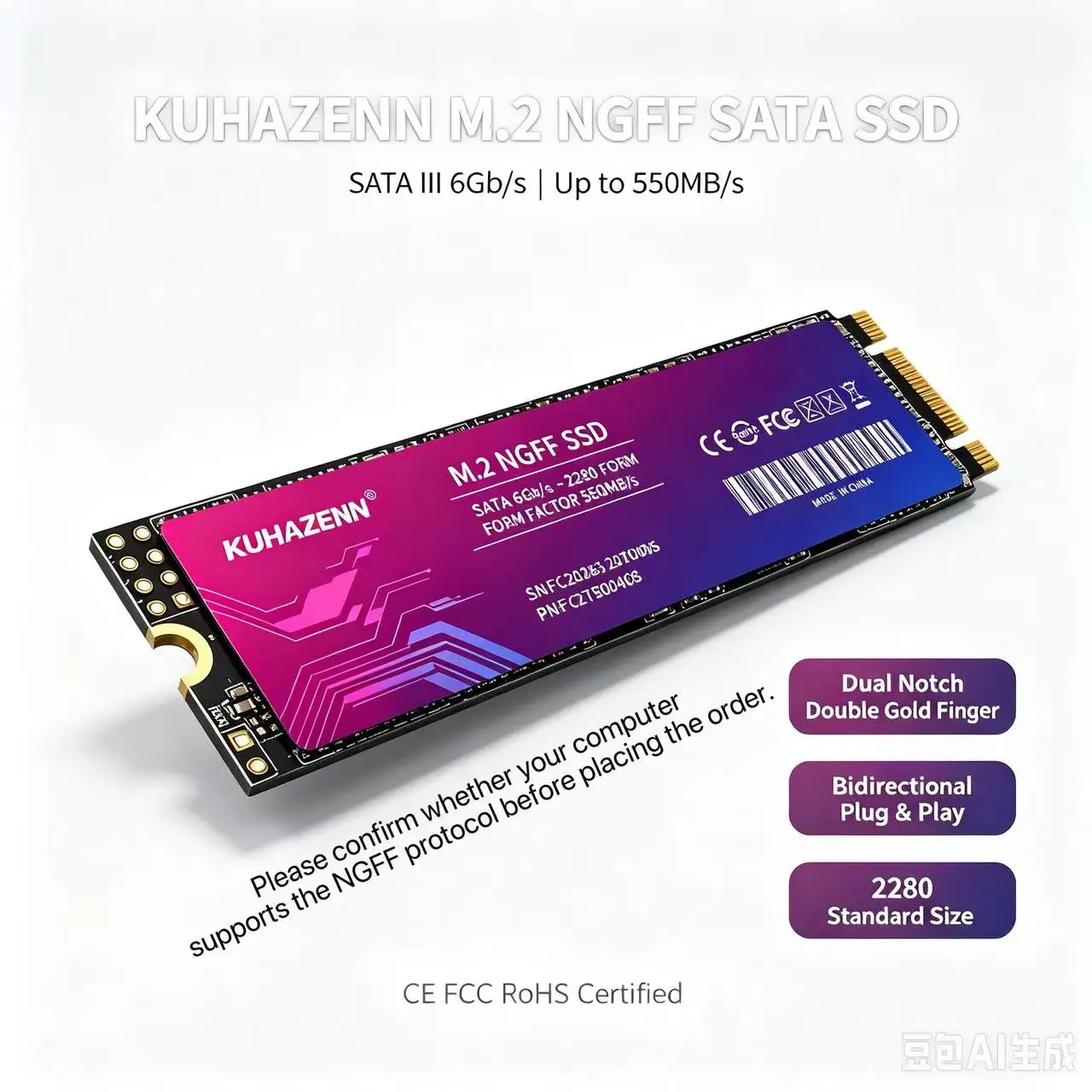 KUHAZENN 512G M.2 NGFF SSD 2280 B&M 키 내부 솔리드 스테이트 드라이브 SATA III 6Gb/s 최대 550M/s 읽기/쓰기 속도