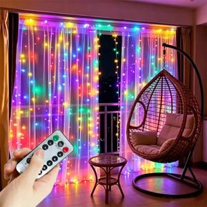 8가지 모드를 지원하는 커튼형 LED 전구 스트링, USB 플러그 방식, 리모컨 포함, 침실, 결혼식, 크리스마스, 할로윈 파티 장식용