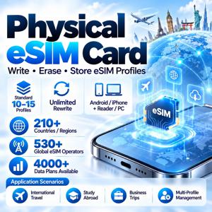 물리적 eSIM 카드 어댑터, 10~15개 프로필 지원, EUICC 무제한 재기록 기능, 안드로이드 PC 리더/라이터, 오픈 소스, 여행 및 비즈니스용.