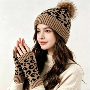 세련된 스타일을 연출할 수 있는 여성용 겨울용 따뜻한 비니, 귀여운 레오파드 무늬 니트 모자, 여성용 캐주얼 니트 모자, 모자와 장갑으로 구성된 2종 세트