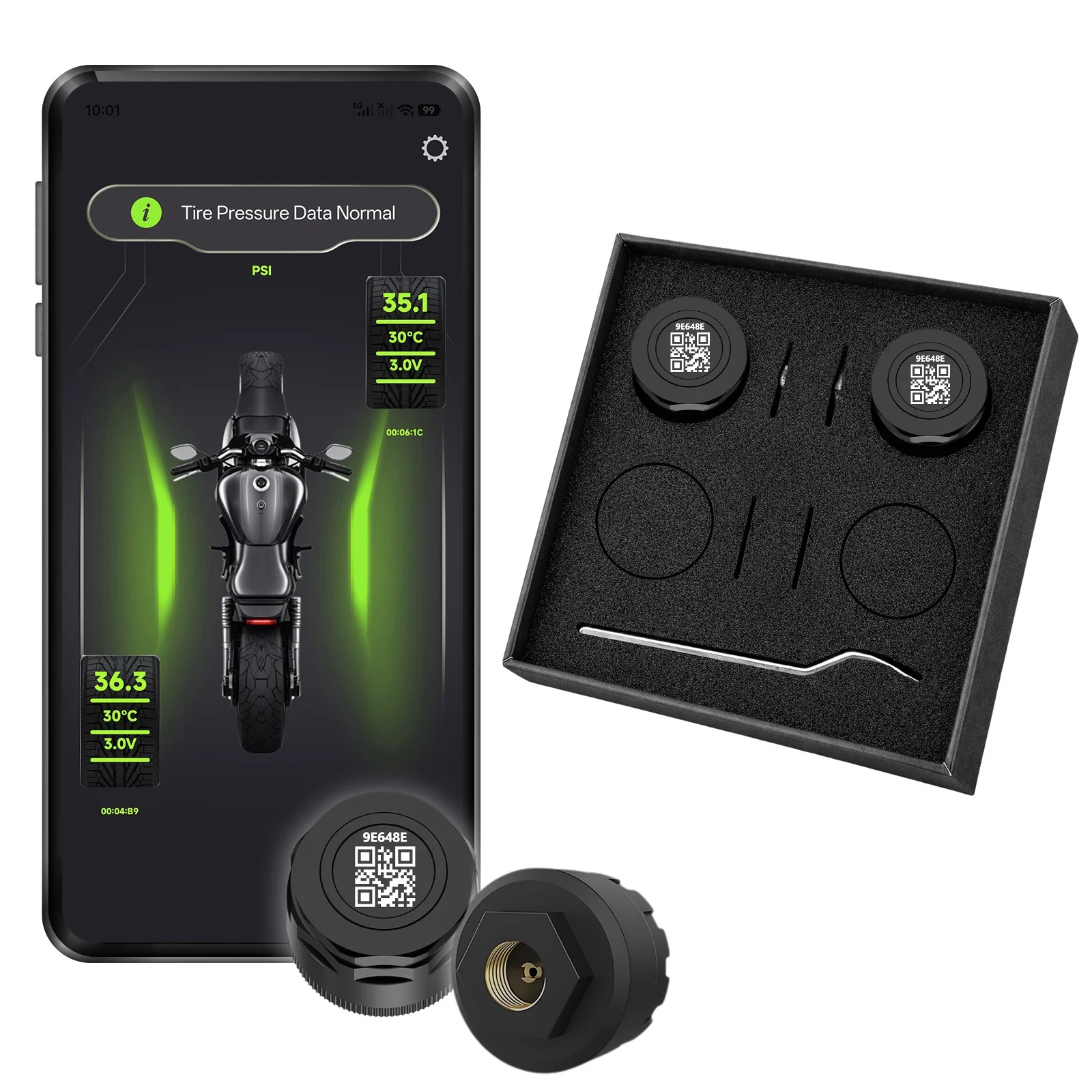 오토바이용 TPMS, 블루투스 5.0 앱을 통한 실시간 압력 및 온도 알림, IP67 방수 등급으로 오토바이, 스쿠터, ATV에 적합