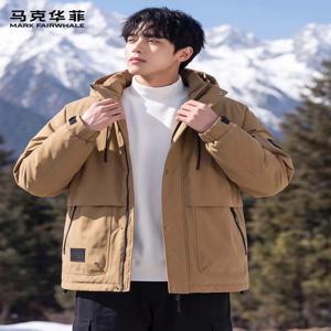 마크 페어웨일 남성용 두꺼운 화이트 덕다운 재킷 후드형 방풍 아웃도어 기능성 레트로 스타일 폴리에스터 섬유 쉘
