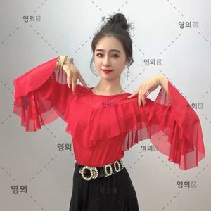 가을 신상 여성 댄스 의상 긴팔 라운드넥 스퀘어 댄스 탑 탄력있는 모던 댄스 의상 벨 슬리브 플라운스 디자인