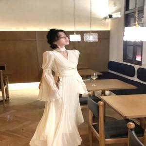 여성용 긴팔 브이넥 스파클링 슬리브 화이트 드레스, 프렌치 스타일 무도회 드레스, 오피스 드레스, 용수철 가을 패션