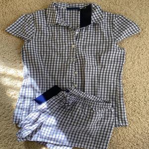 해군 격자 무늬 블라우스 반바지 2 조각 세트 여성 옷깃 반팔 티셔츠 + Drawstring Sweatshorts 빈티지 스위트 코튼 슬림 세트