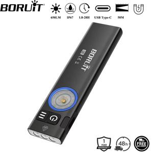 BORUiT U8 650LM EDC LED 손전등 타입-C 충전식 작업등 자석 방수 캠핑 포켓 랜턴