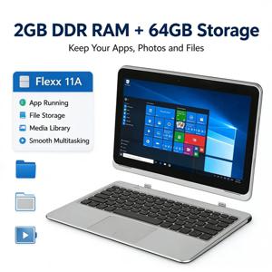 11.6인치 11A 태블릿 PC, 2GB DDR RAM, 64GB ROM 메모리, Windows 10 Home 운영체제, 핀 방식으로 연결되는 키보드, X5-8300 CPU, 1.44GHz 쿼드 코어