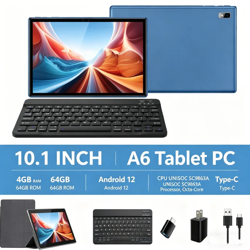 10.1인치 T10 RAM 4GB ROM 64GB A6 안드로이드 12 태블릿 PC CPU UNISOC SC9863A 프로세서, 옥타코어 Cortex-A53 타입-C