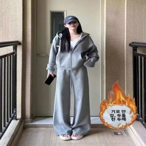 두꺼운 플리스 캐주얼 스포츠웨어 세트 여성용 가을 겨울 신상 루즈핏 후드 재킷 투피스 세트 긴팔 지퍼