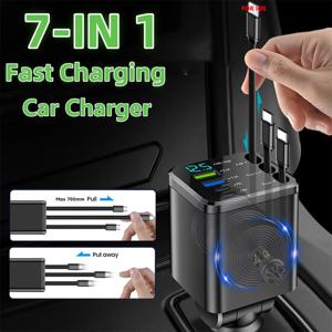 차량용 충전기 7 in 1 접이식 3개 C타입 A포트 USB 충전기 고속 충전 아이폰 12 15 16 삼성 USB C to iOS 케이블 호환