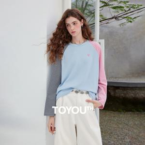 TOYOUTH 여성용 긴팔 티셔츠 2026 가을 신상 EcoCosy Colorblock Raglan Stripe Sweet Cool Preppy 스포티 캐주얼 탑