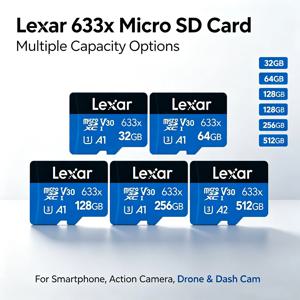 렉사 Micro SD 카드, 읽기 속도 100MB/s, 쓰기 속도 633x 45MB/s, UHS-I V30, U3, A1 등급, 클래스 10, 256GB, 128GB, 64GB, 고속 데이터 전송, 카메라용