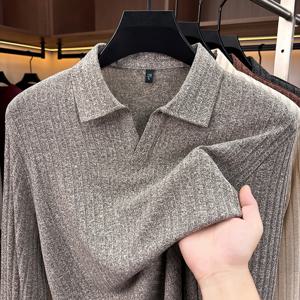 남성용 폴로 칼라 V넥 니트 스웨터, 세로 골지 짜임, 긴 소매, 부드러운 신축성, 슬림핏, 겨울용 캐주얼 및 비즈니스 스타일 상의