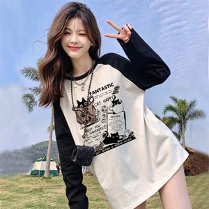 여성용 래글런 긴팔 티셔츠, 블랙 & 화이트 배색, 검은 고양이 레터링 그래픽 프린트, 오버사이즈, 캐주얼, 크루넥, 가을용 상의
