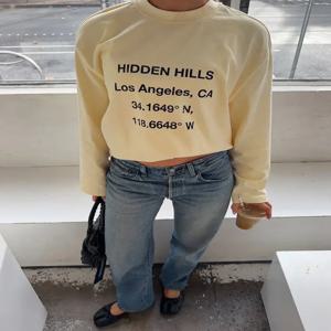히든 힐스 로스앤젤레스, 좌표 프린트가 들어간 긴팔 라운드넥 티셔츠, 캐주얼 스트리트 스타일, 남녀 공용, 다양한 색상, Y2K 스타일
