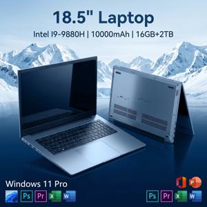 18.5인치 노트북, 인텔 i9-9880H 프로세서, 16GB RAM, 2TB SSD, 윈도우 11 운영체제, 대형 화면, 지문 인식 잠금 해제 기능, 사무용 및 게임용으로 적합한 노트북 컴퓨터.