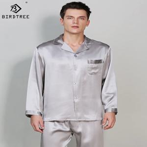 버드트리 19 모미 100% 순수 실크 파자마 세트, 남성 홈웨어 캐주얼 긴팔 라운지웨어 팬츠 2피스 수트 잠옷 S38008QM