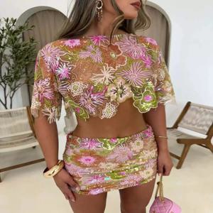 플라워 시퀸 자수 스커트 투피스 세트 여성 패션 섹시 불규칙 크롭탑 시스루 스커트 투피스 세트 스트릿웨어