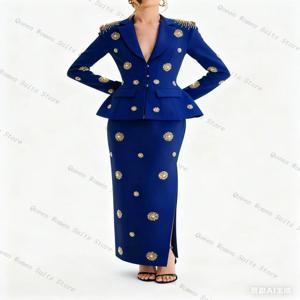 럭셔리 블루 여성 정장 스커트 세트 2피스 블레이저+프롬 드레스 크리스탈 코튼 포멀 오피스 레이디 재킷 웨딩 게스트 코트 맞춤형