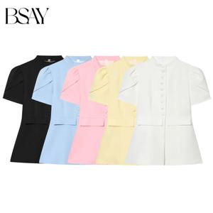 BSAY 여성 우아한 스탠드 칼라 버블 반팔 싱글 브레스트 수트 재킷 직장 솔리드 컬러 통근복