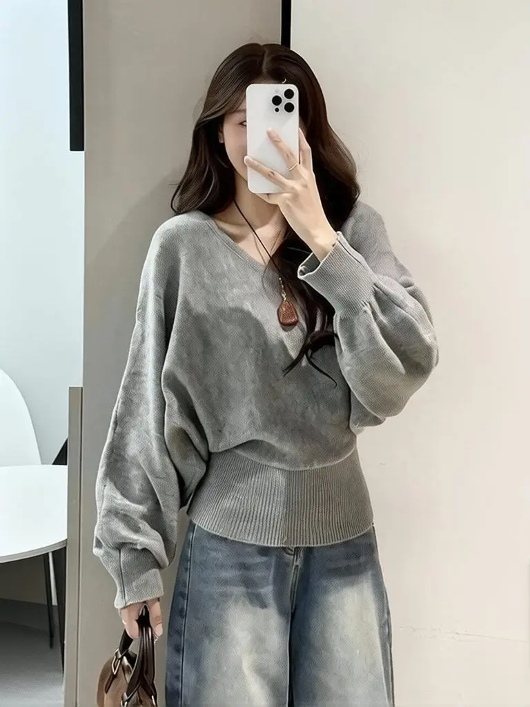 따뜻한 소재의 니트 소재, V넥, 박쥐 소매, 긴팔 티셔츠, 여성용, 루즈핏, 캐주얼, 기본 스타일, 가을/봄용, 아우터, 한국 스타일, 슬림핏