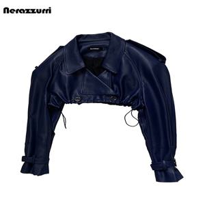 Nerazzurri 가을 짧은 오버사이즈 소프트 Pu 가죽 트렌치 코트 여성용 드로스트링 허리 럭셔리 디자이너 크롭 의류 2026