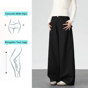 여성용 검은색 하이웨이스트 오피스용 바지, 가을용 미니멀리즘 스타일, 옆면 드레이핑 디테일, 슬림한 와이드 레그 핏, 스트레이트 레그 디자인