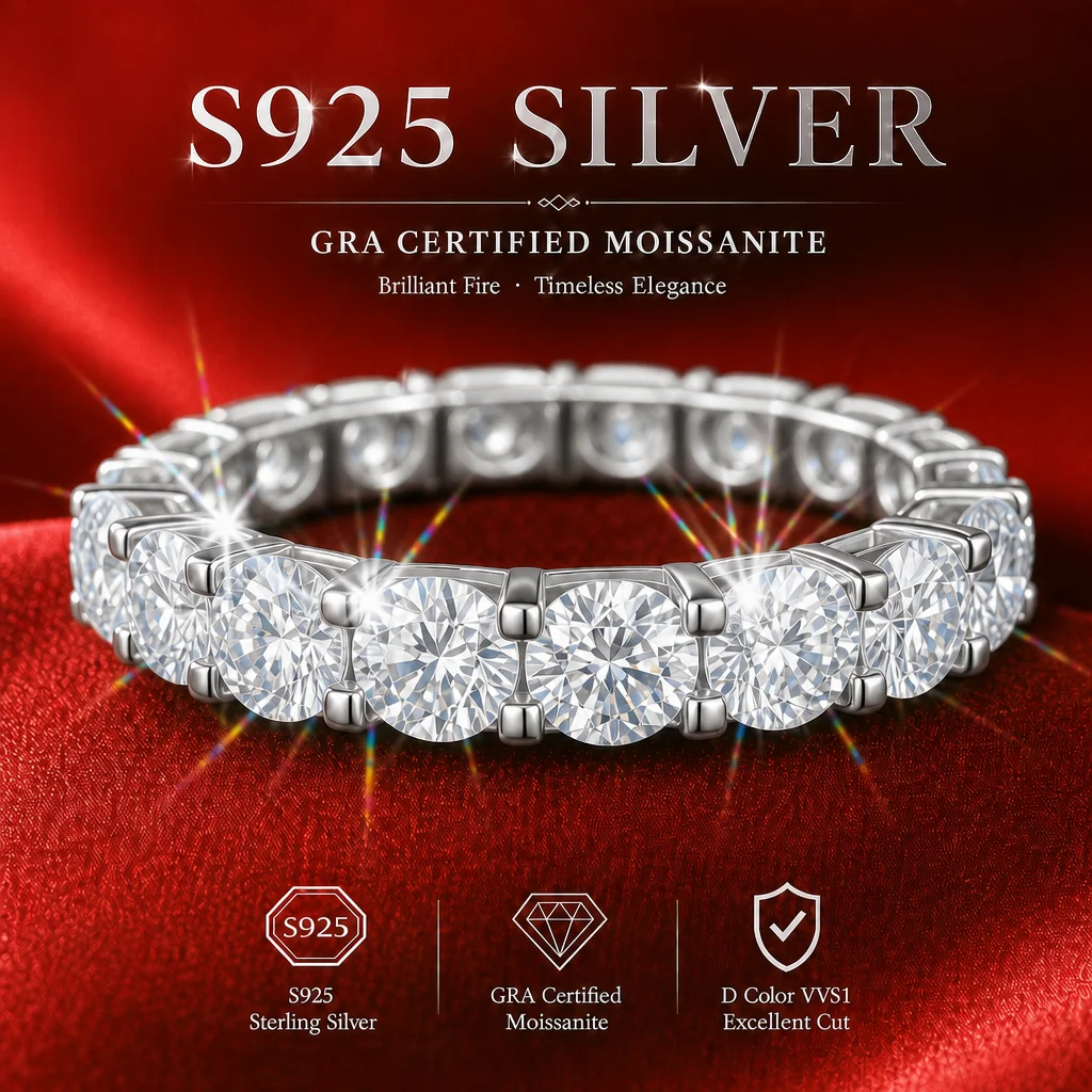 GRA 인증서가 있는 S925 스털링 실버 소재의 3.0mm 풀 모이사나이트 반지, D VVS1 등급, 3EX 컷, 반짝이는 모이사나이트 밴드, 결혼식 또는 파티 선물용.