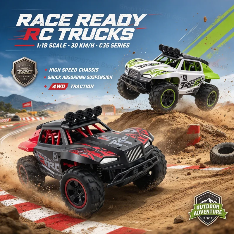 1/18 스케일의 4륜 구동 RC 오프로드 자동차 C35, 최고 속도 30km/h, 2.4GHz 무선 조종, 뛰어난 충격 흡수 기능, 모든 지형에서 주행 가능한 버기 장난감 (남자아이용)