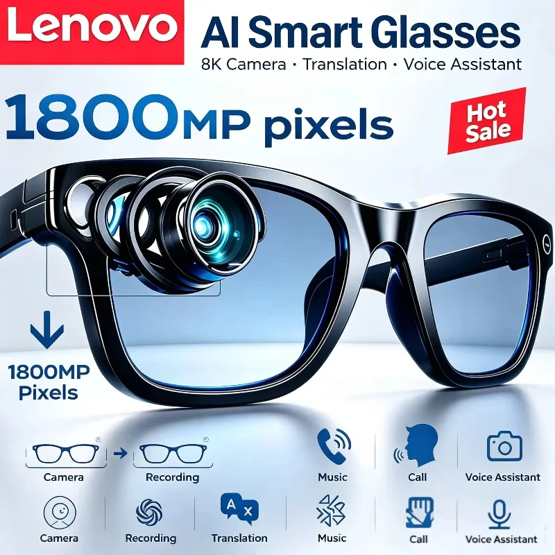 Lenovo AI 스마트 선글라스: 8K 카메라, 사진 및 동영상 촬영, 터치 기능, 블루투스 5.4, 음성 어시스턴트, AI 번역, 음악 재생 기능 제공