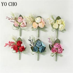 YO CHO Boutonniere 웨딩 남성 브로치 핀 신부 손목 코르지 소녀 팔찌 실크 장미 꽃 파티 파티 웨딩 Boutonniere, 신부부부오니
