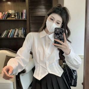 2000년대 스타일의 흰색 긴팔 빈티지 셔츠, 여성용 슬림핏 튜닉, 단추형 기본 블라우스, 스쿨 폴로넥 크롭 탑