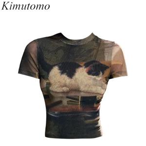 Kimutomo Y2k T 셔츠 여성 빈티지 섹시한 만화 고양이 인쇄 짧은 소매 봄 여름 하프 하이 칼라 자르기 탑 고딕 Tshirt