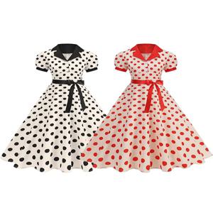 여성 빈티지 폴카 도트 여름 드레스 반소매 v 넥 a 라인 캐주얼 파티 가운 Femme Pin up Style