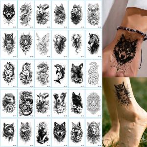 30pcs 작은 동물 패턴 문신 스티커 방수 늑대 호랑이 올빼미 사자 코끼리 임시 문신 여성 남성 바디 아트
