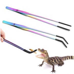 고무 팁이 있는 2PCS 스테인리스 스틸 파충류 먹이 집게 테라리움 탱크 용품 직선 및 곡선 핀셋 액세서리